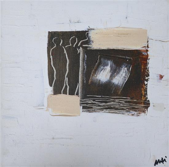 Ellen Mai, acrylic on canvas, Abstract figures, 26 x 26cm and two 20th century etching and aquatints, indistinctly signed